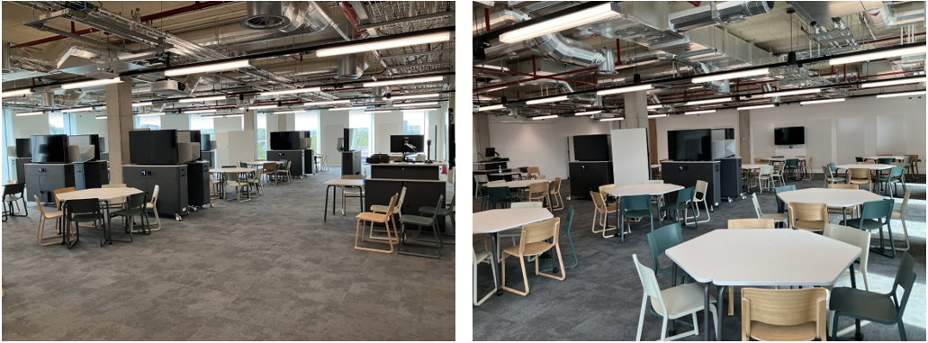 Classroom with table and chairs set up for active learning.